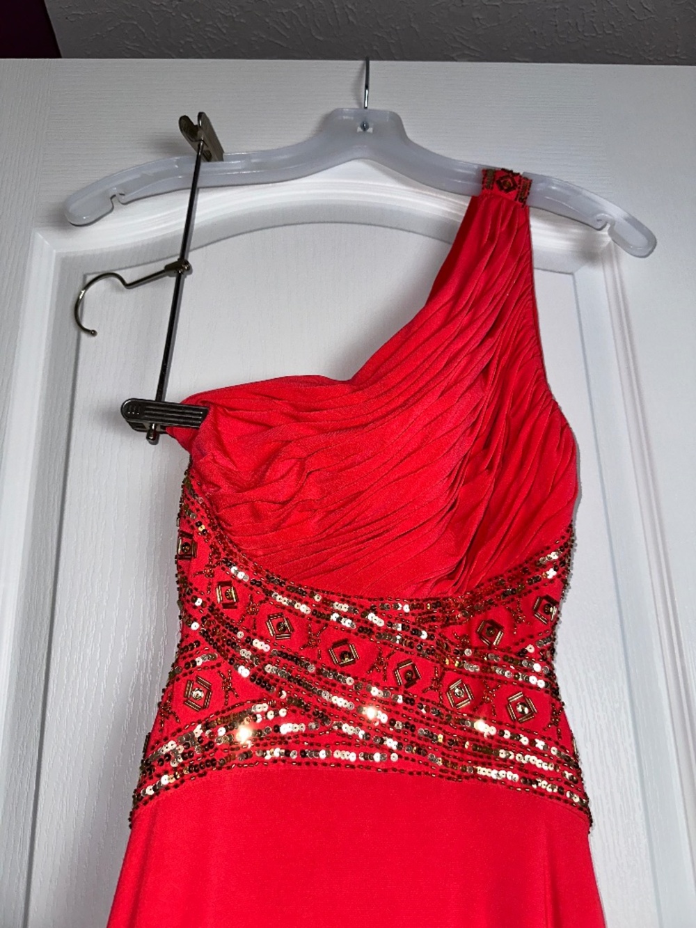 One Shoulder Coral Floor Length Gown